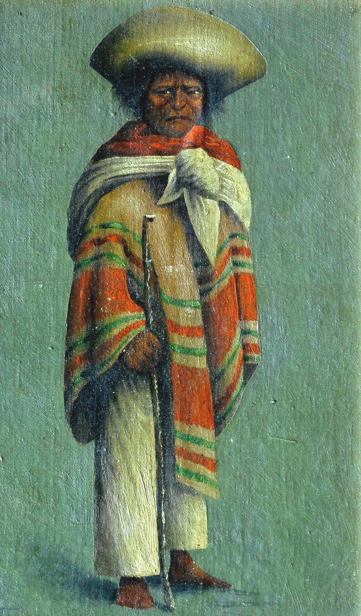 Chile, Bolivia, Peru ? Pair Of Paintings - Man And Woman In Traditional Costume - Monogrammed 