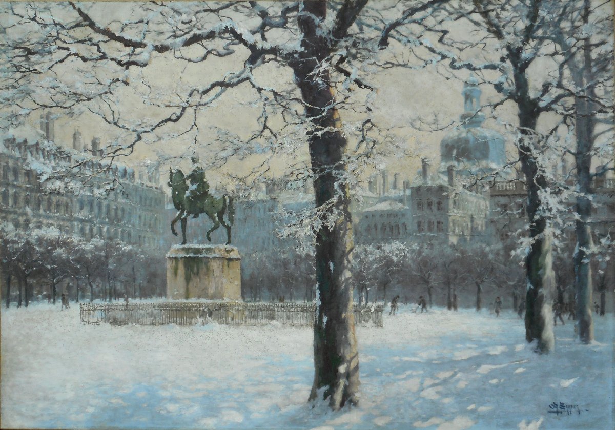 Antoine Barbier (1859-1948) Hst 114 X 162 Cm!!! Lyon Place Bellecour Under The Snow-photo-2