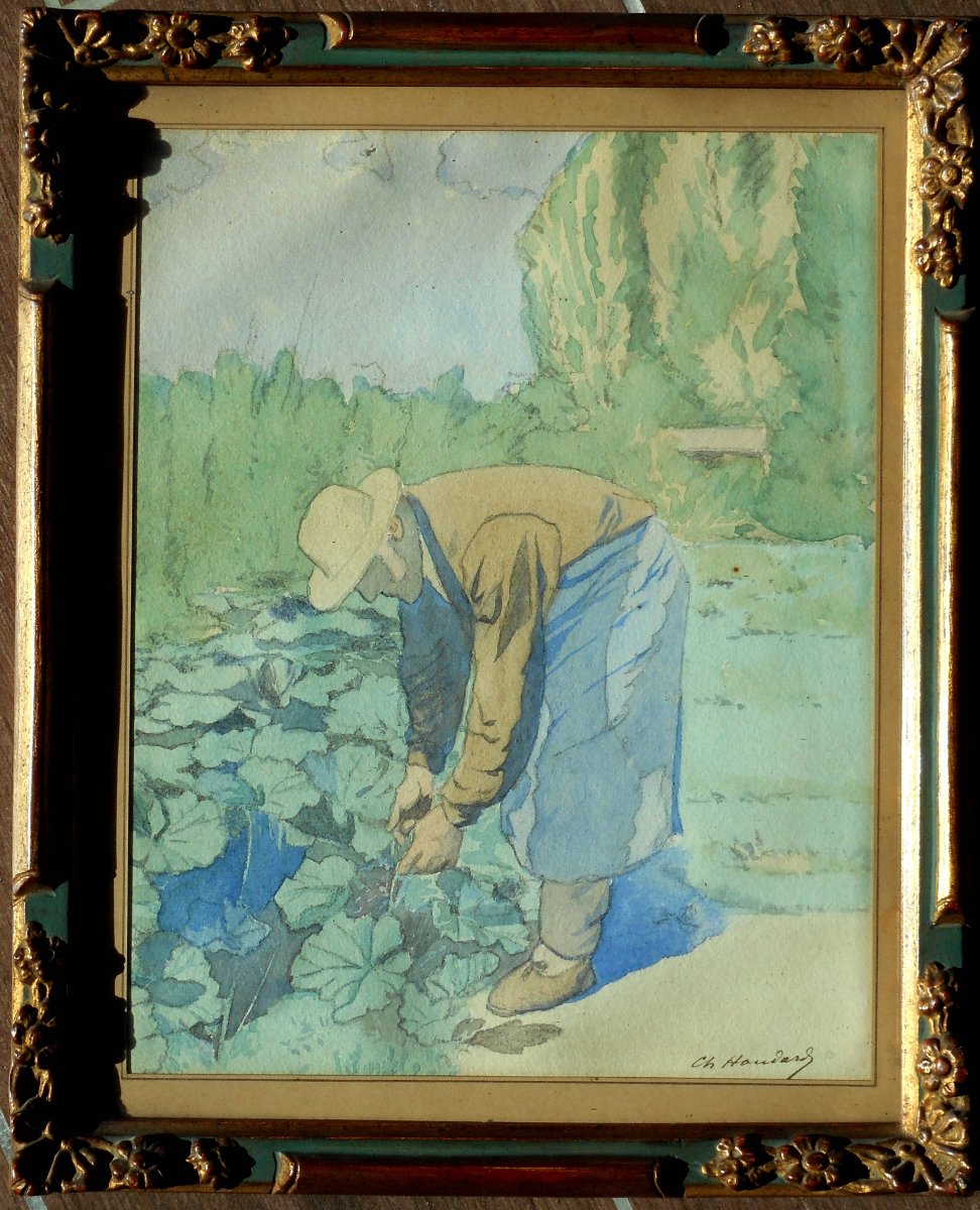 Charles Houdard (1855-1931) "the Gardener"watecolour 27 X 21 Cm-photo-1