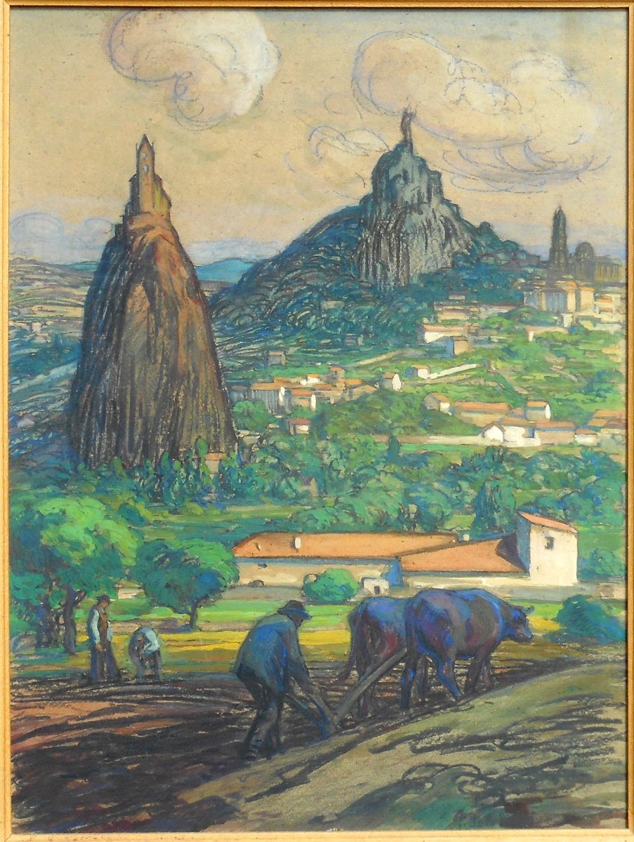 Joseph de la NEZIERE (1873-1944) LE PUY EN VELAY - technique mixte (original) sur carton-photo-3