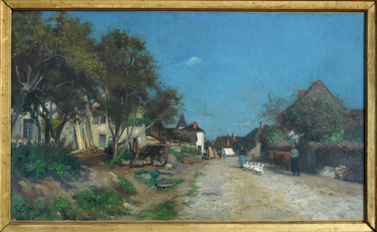ERNEST  HAREUX (1847/1909) entrée du village de CROZANT - HST 35 x 60 cm