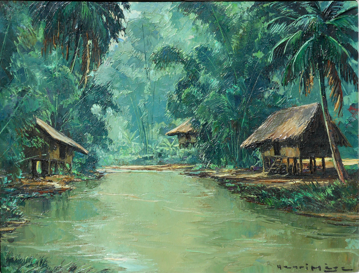 Heni MEGE ( Mège) 1904/1984 CAMBODGE 1954  SIEM REAP matin sur la rivière