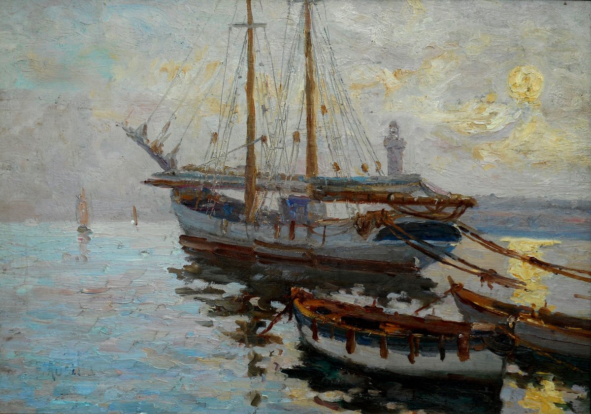 JEAN AUSILIA (1878-?) bateaux devant la jetée NORD à  ALGER - ALGERIE (Algérie)  33x46cm biface-photo-2