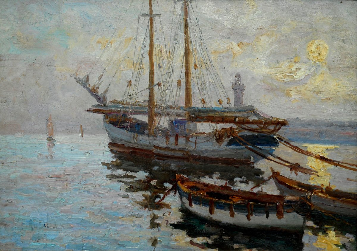 Jean Ausilia (1878-?) Boats In Front Of The Nord Jetty In Alger - Algeria (algeria) 33x46cm Biface-photo-2