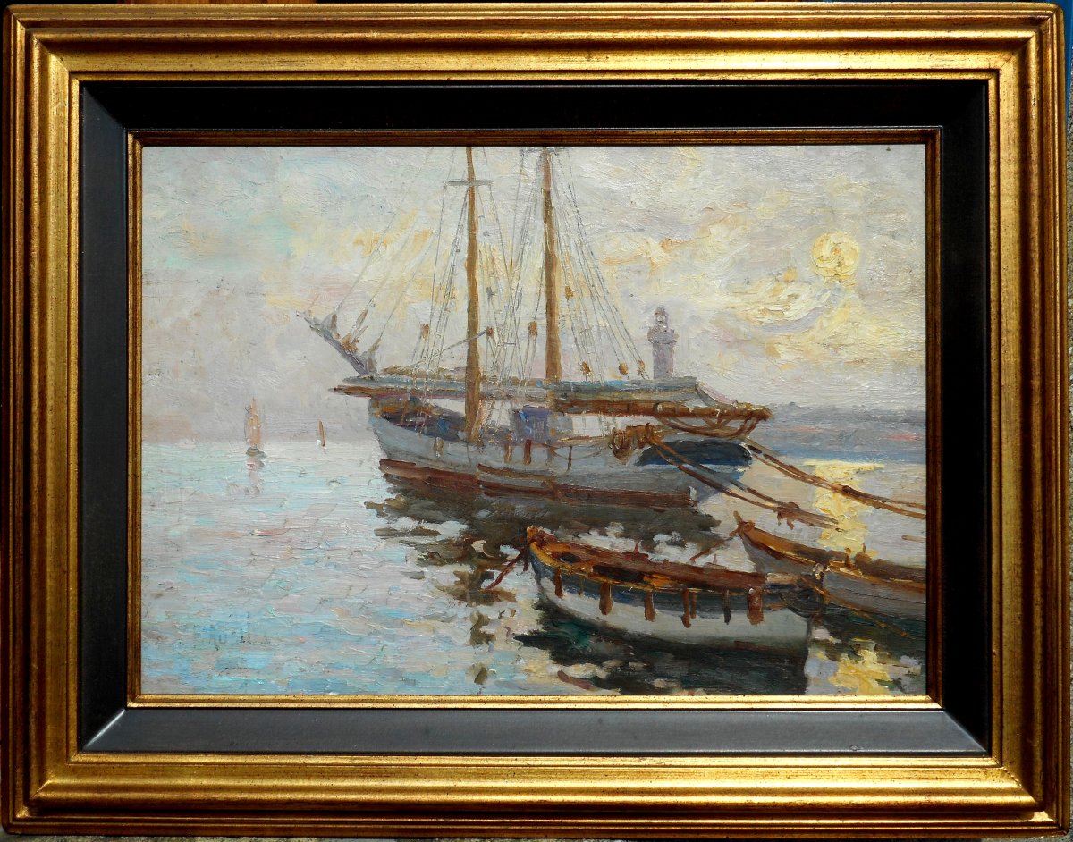 JEAN AUSILIA (1878-?) bateaux devant la jetée NORD à  ALGER - ALGERIE (Algérie)  33x46cm biface