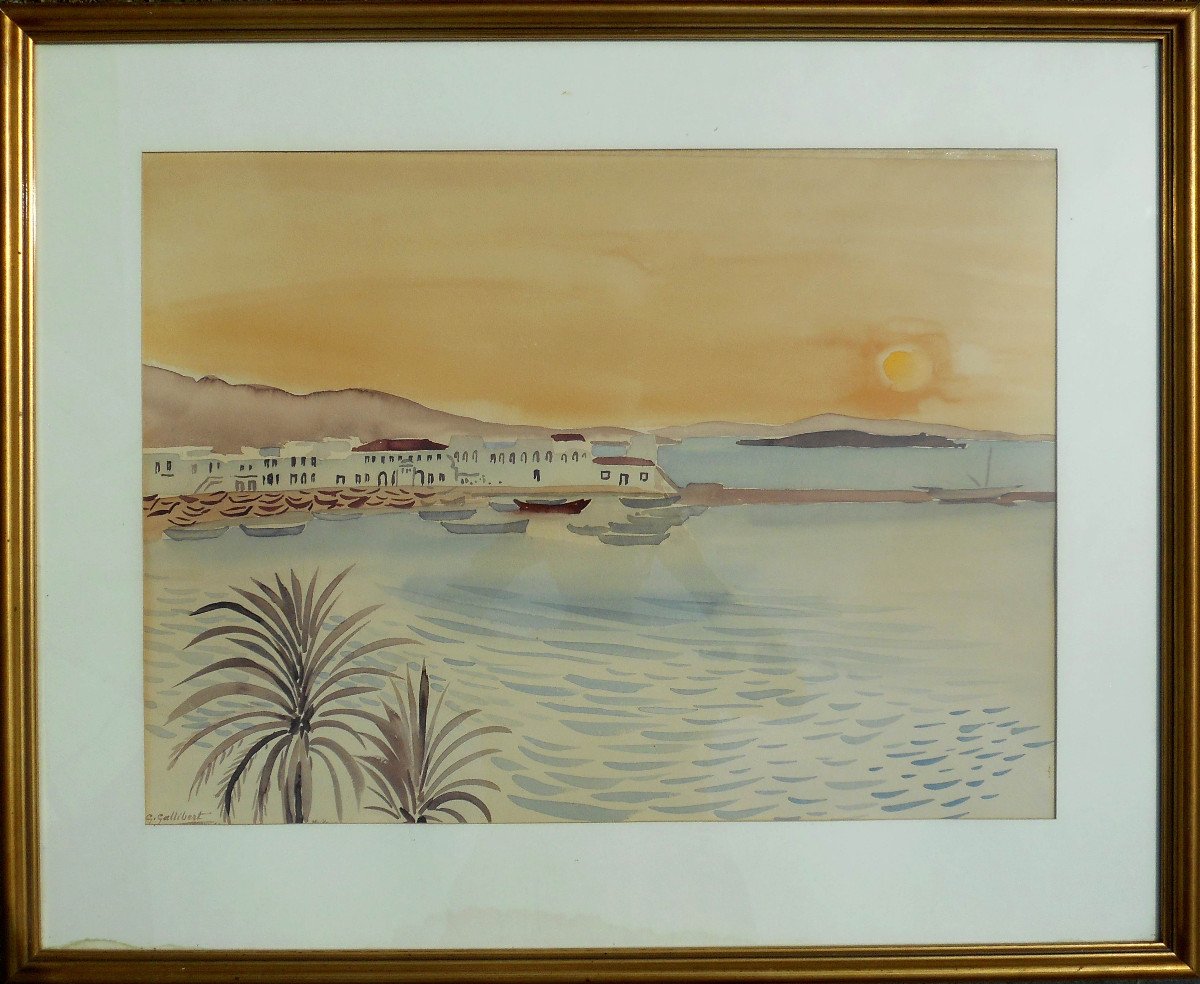 Geneviève GALLIBERT (1888-1978) MYKONOS  Grèce le port au couchant 1964