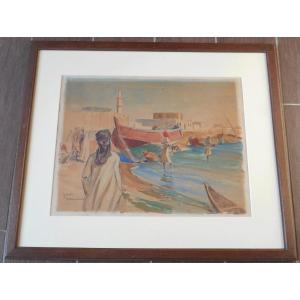 Maurice Menardeau (1897-1977) Gambia - Watercolor 33 X 41 Cm (50.5 X 59.5 Cm Framed)