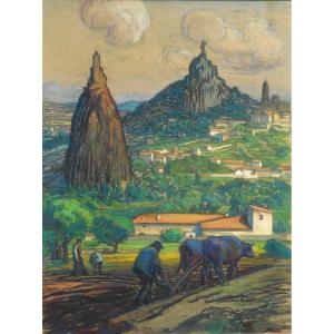 Joseph de la NEZIERE (1873-1944) LE PUY EN VELAY - technique mixte (original) sur carton