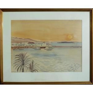 Geneviève Gallibert (1888-1978) Mykonos Greece The Port At Sunset 1964