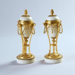 Pair Of Cassolettes In Marble And Gilt Bronze, L.xvi Period