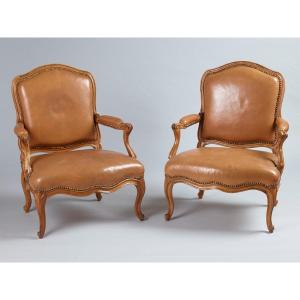 Pair Of "fire Corner" Armchairs Stamped Louis Cresson Period L.xv