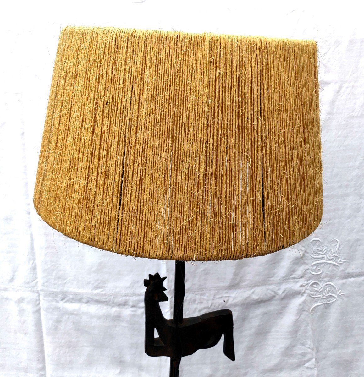 Lampadaire Ateliers De Marolles JEAN TOURET Année 50  en Fer Forgé Et Sisal-photo-4