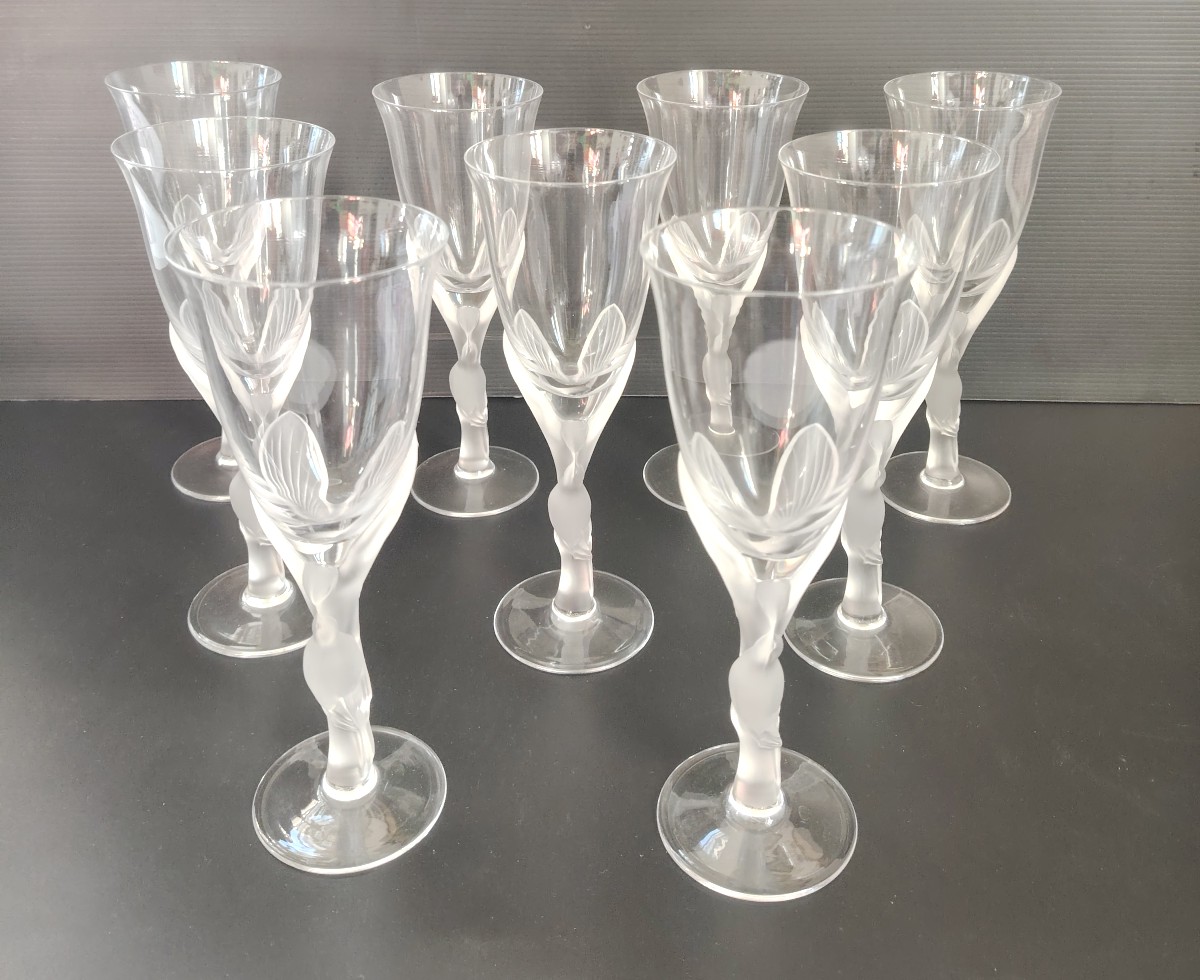 Igor Carl Fabergé (1906-1982). Set Of 9 Signed Wine Glasses, Les Colombes Des Neiges Model.