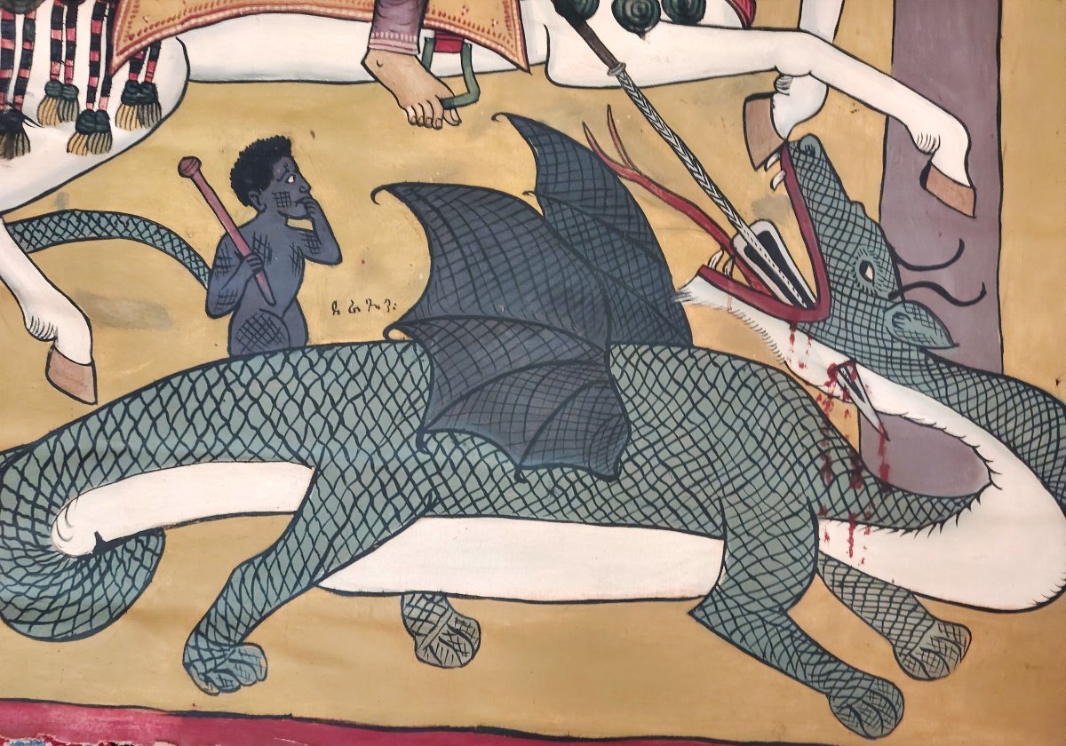 Grande peinture chrétienne d'Éthiopie  – Saint Georges et le Dragon – Circa 1940 -photo-3