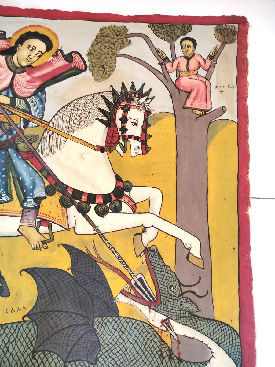 Grande peinture chrétienne d'Éthiopie  – Saint Georges et le Dragon – Circa 1940 -photo-4