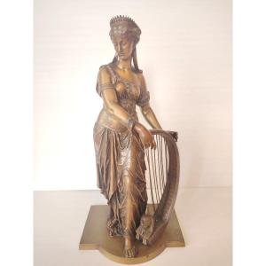 Eutrope Bouret (1833-1906) - Femme égyptienne à La Harpe - Large Bronze Signed Rare 19th Century