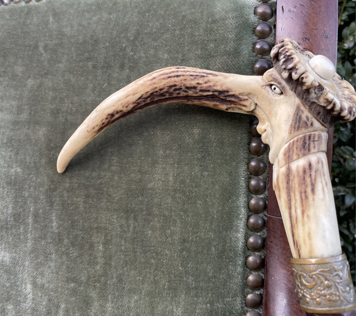 Canne à caractère antisemite en bois de cerf - 19° siècle-photo-2