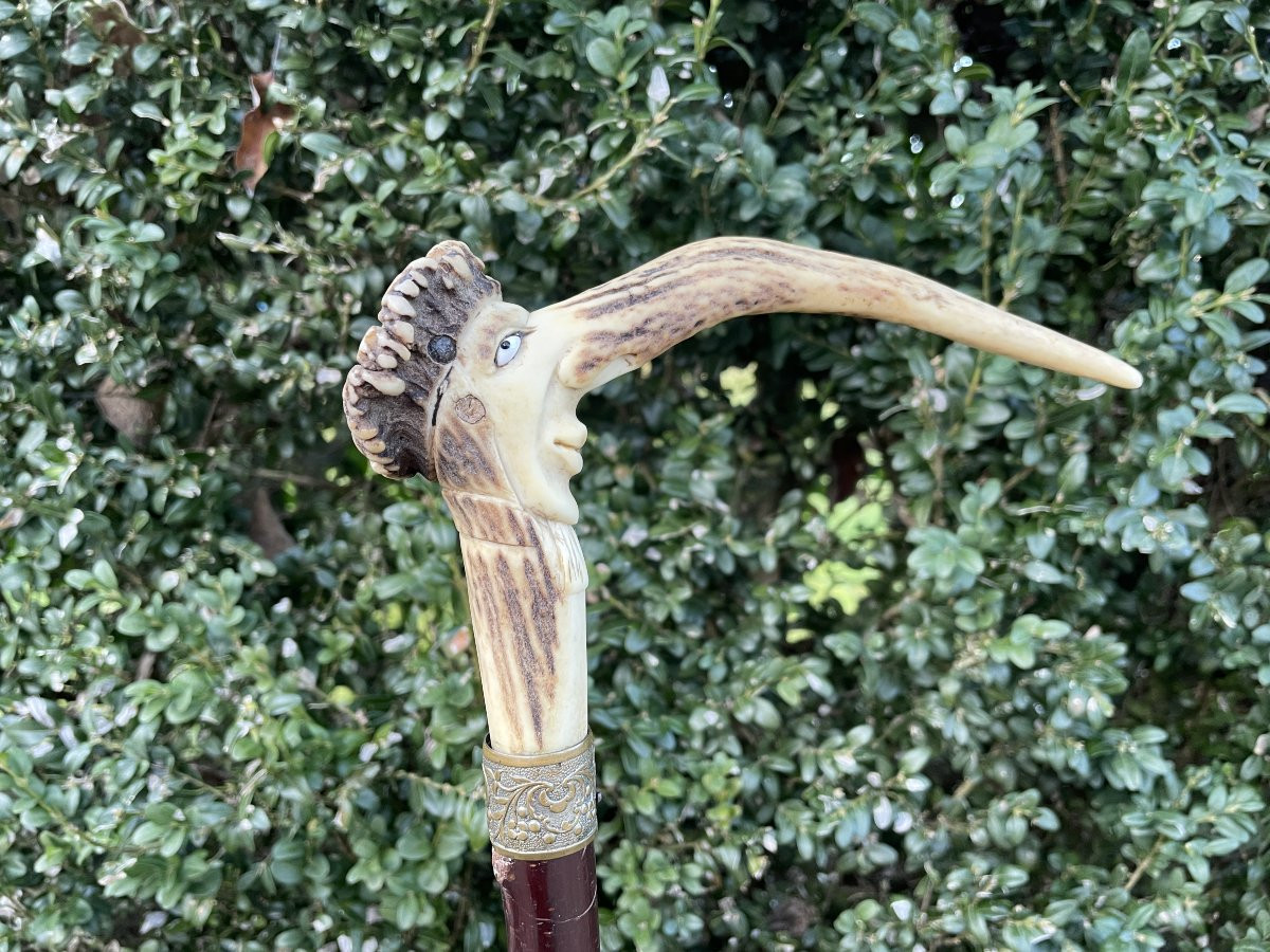 Canne à caractère antisemite en bois de cerf - 19° siècle-photo-3