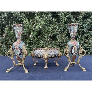 Garniture - 3 pièces - Emaux cloisonnés - 19°