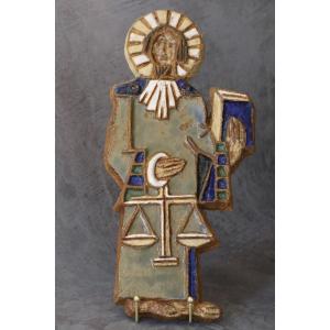 Les Argonautes Plaque en céramique émaillée La Justice de Saint-Michel Vallauris Années 60
