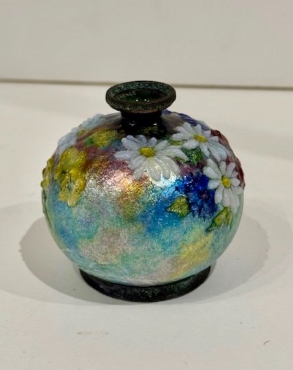 Flowery Enamel Vase Signed Camille Fauré
