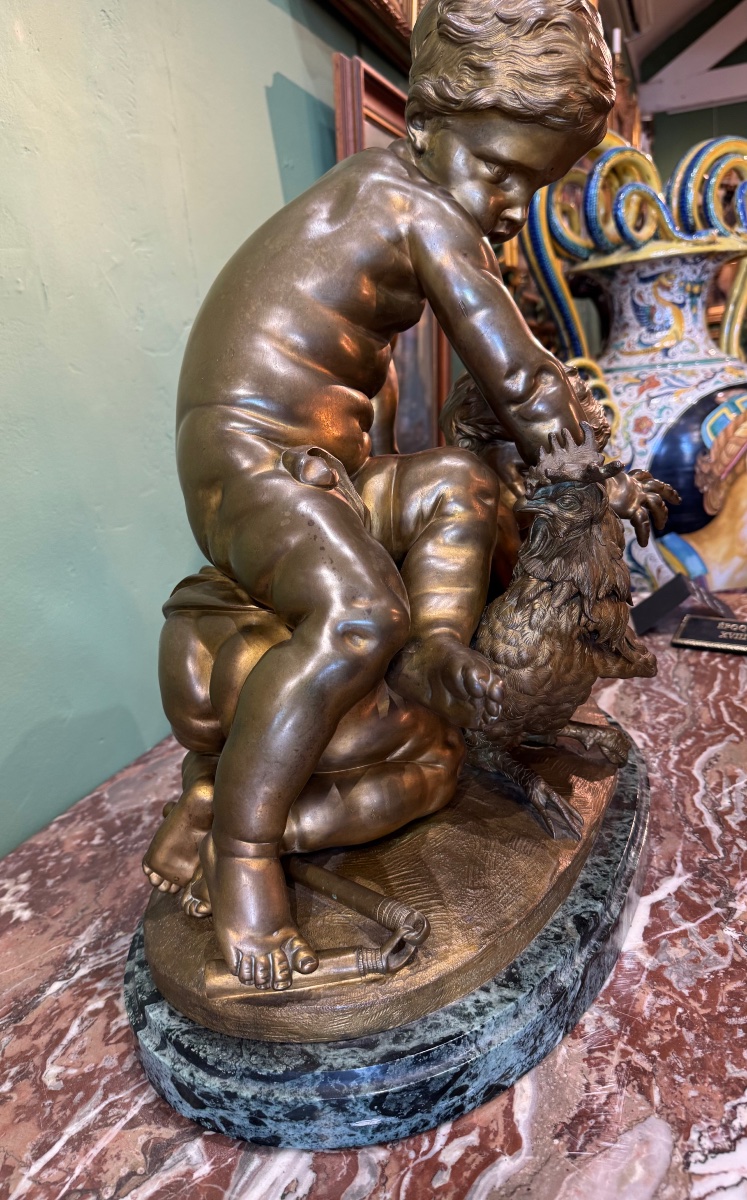 Bronze "Enfants essayant d'attraper un coq"-photo-4