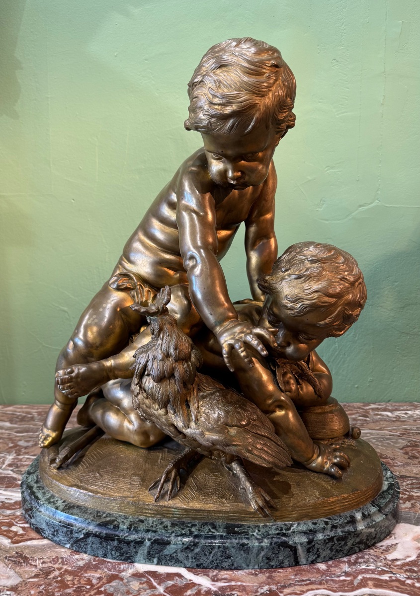 Bronze "Enfants essayant d'attraper un coq"-photo-6