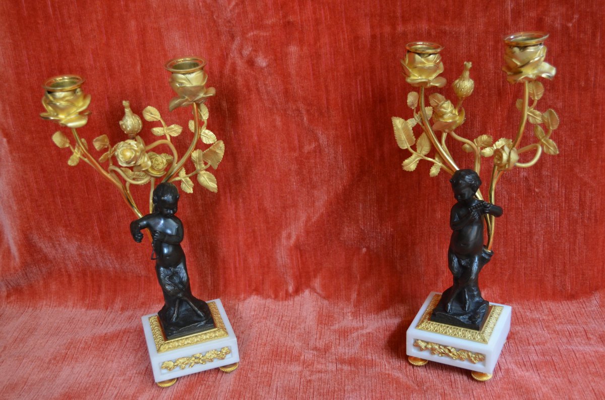 Pair Of Candlesticks At Cherubs Musicians 19th-photo-1