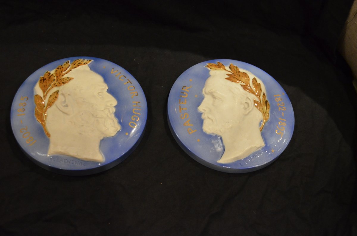 Pair Of Pasteur And Victor Hugo Porcelain Medallions-photo-3