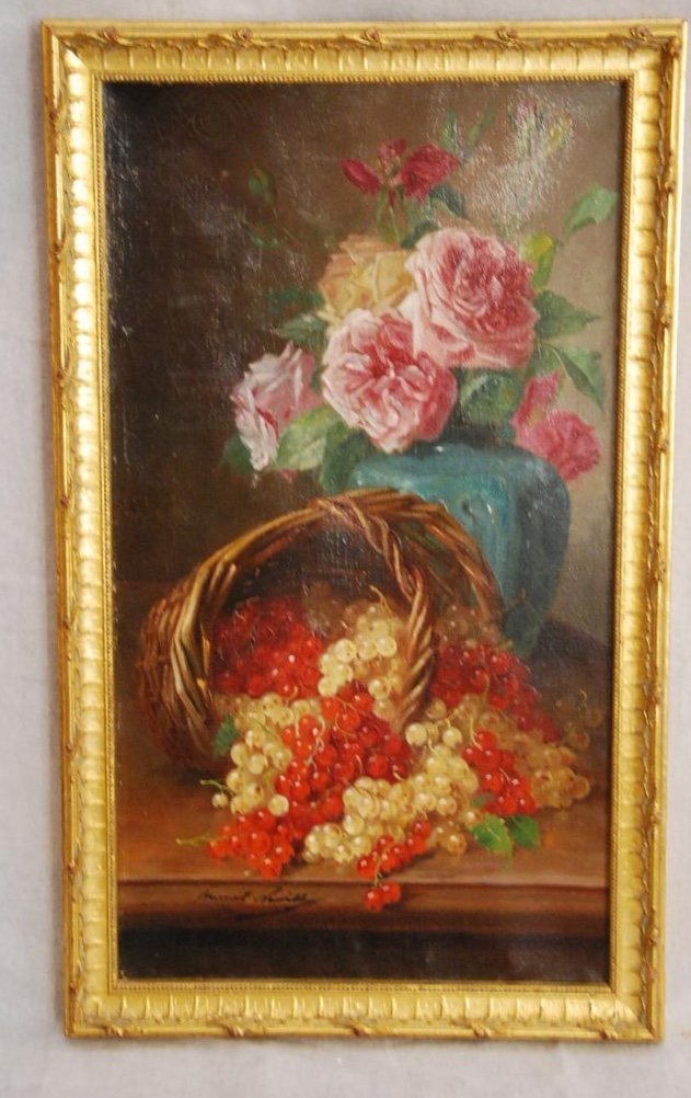 Still Life With Grapes And Flowers Signed Brunel De Neuville