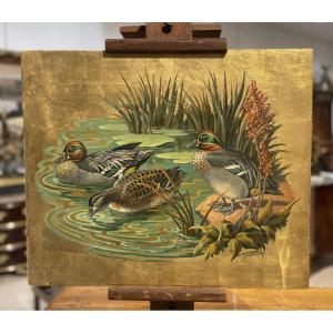 "Canards au bord de l'eau" sur fond d'or - Jacques Cartier