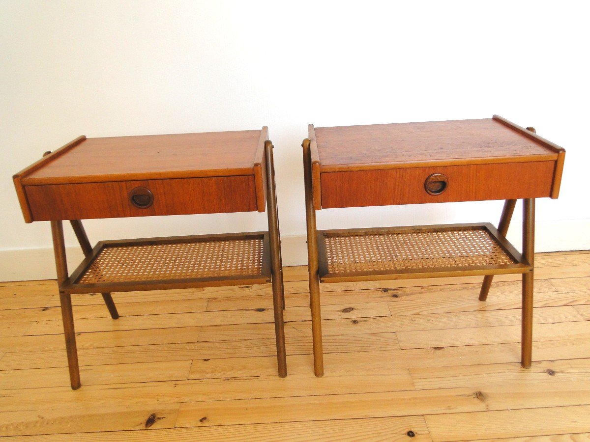 Kai Kristiansen Pair Of Bedside Tables In Teak And Rattan Denmark-photo-2