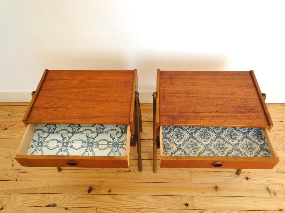 Kai Kristiansen Pair Of Bedside Tables In Teak And Rattan Denmark-photo-3