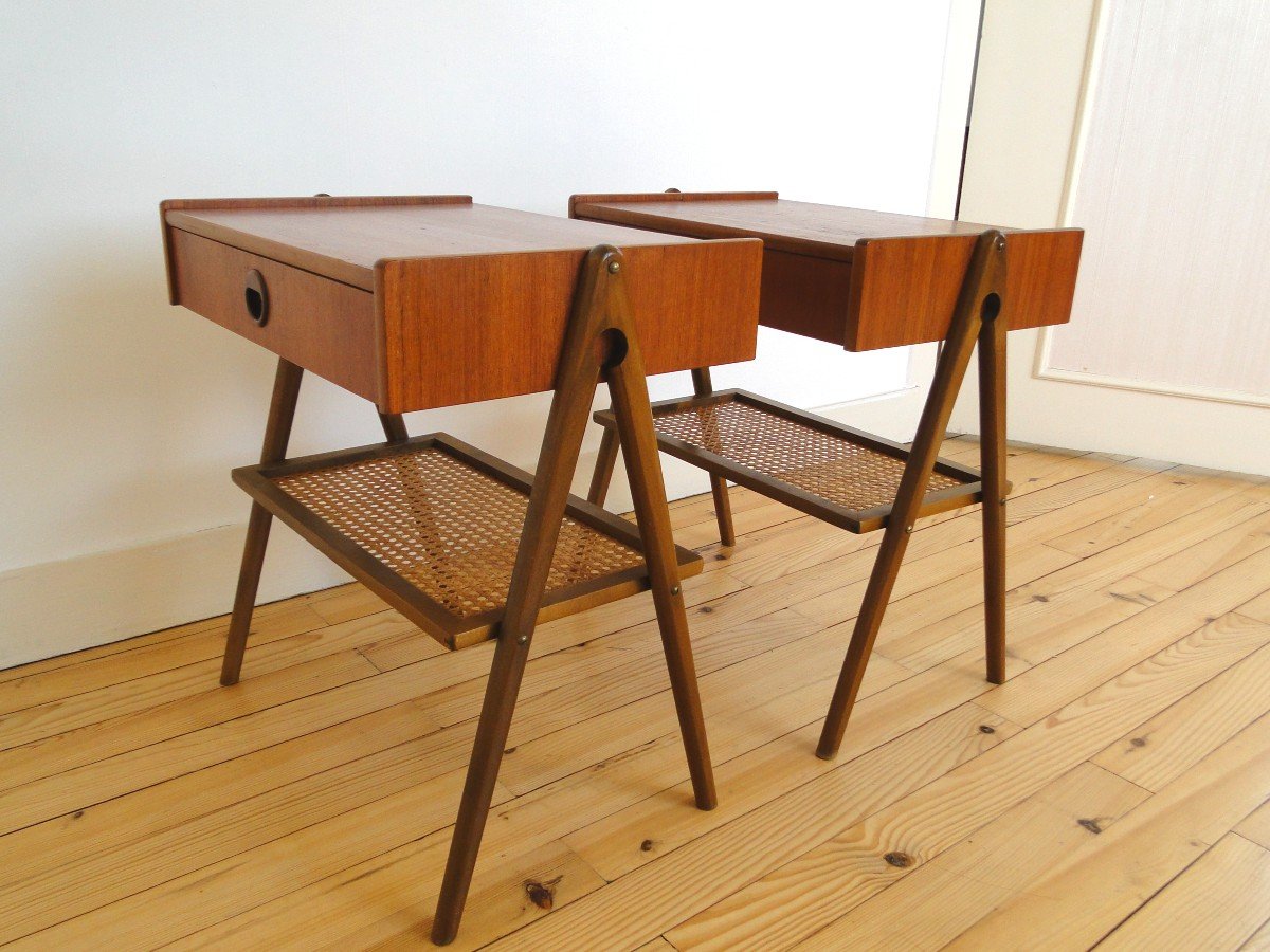 Kai Kristiansen Pair Of Bedside Tables In Teak And Rattan Denmark-photo-4
