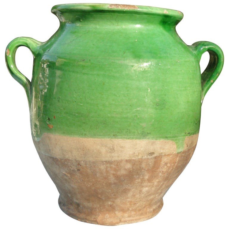 Large Antique Green Confit Pot From The 19th Century South West Of France