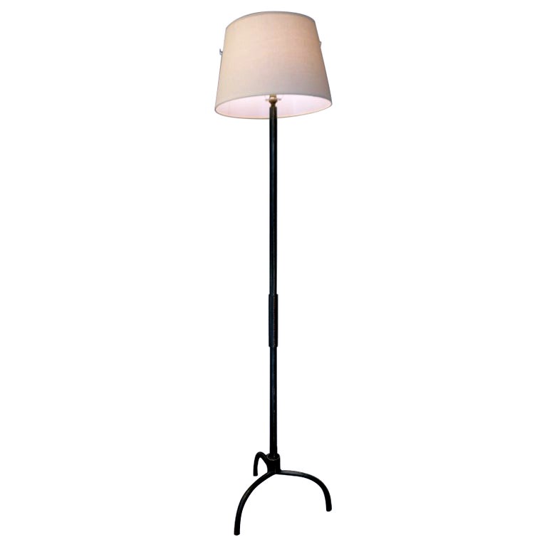  Jacques Adnet Lampadaire Trépied En Cuir Vert  Cousu, France, 1950