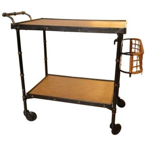 Jacques Adnet Bar Service Trolley In Black Stitched Leather And Wicker