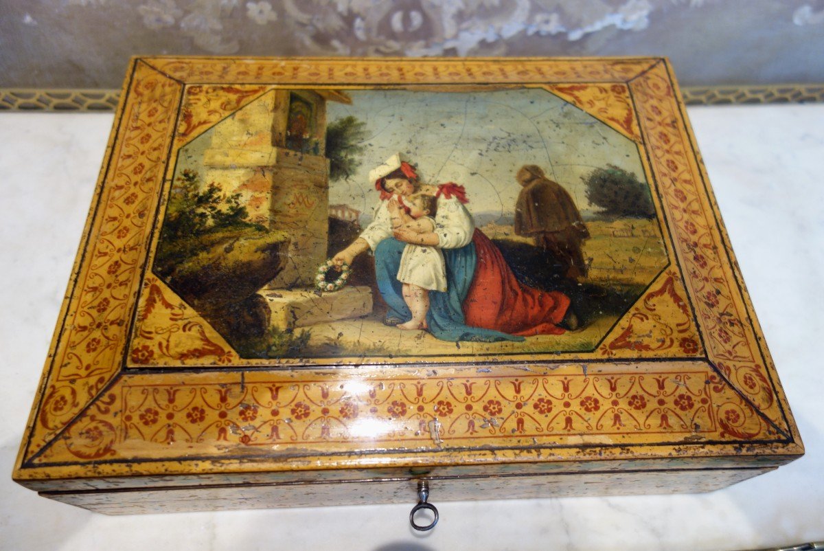 Coffret Peint d'Un Paysage Animé. époque Charles X, Travail Napolitain