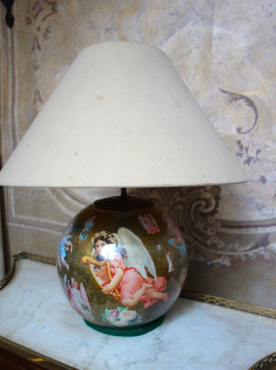 Globe De Verre Soufflé, Peint En Fixé Sous Verre Monté En Lampe XIXème Siècle-photo-2