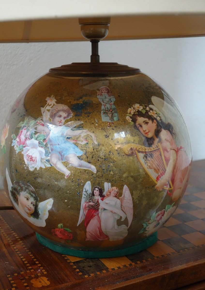 Globe De Verre Soufflé, Peint En Fixé Sous Verre Monté En Lampe XIXème Siècle-photo-3