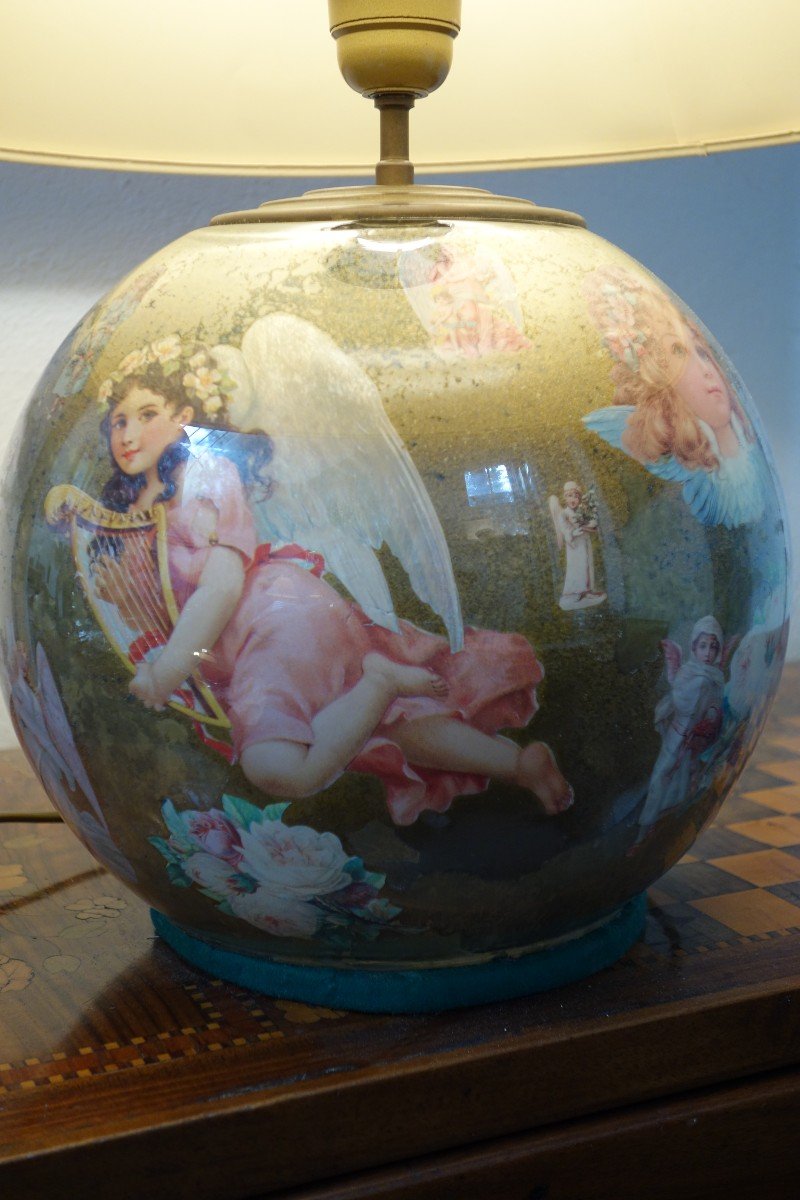 Globe De Verre Soufflé, Peint En Fixé Sous Verre Monté En Lampe XIXème Siècle-photo-4