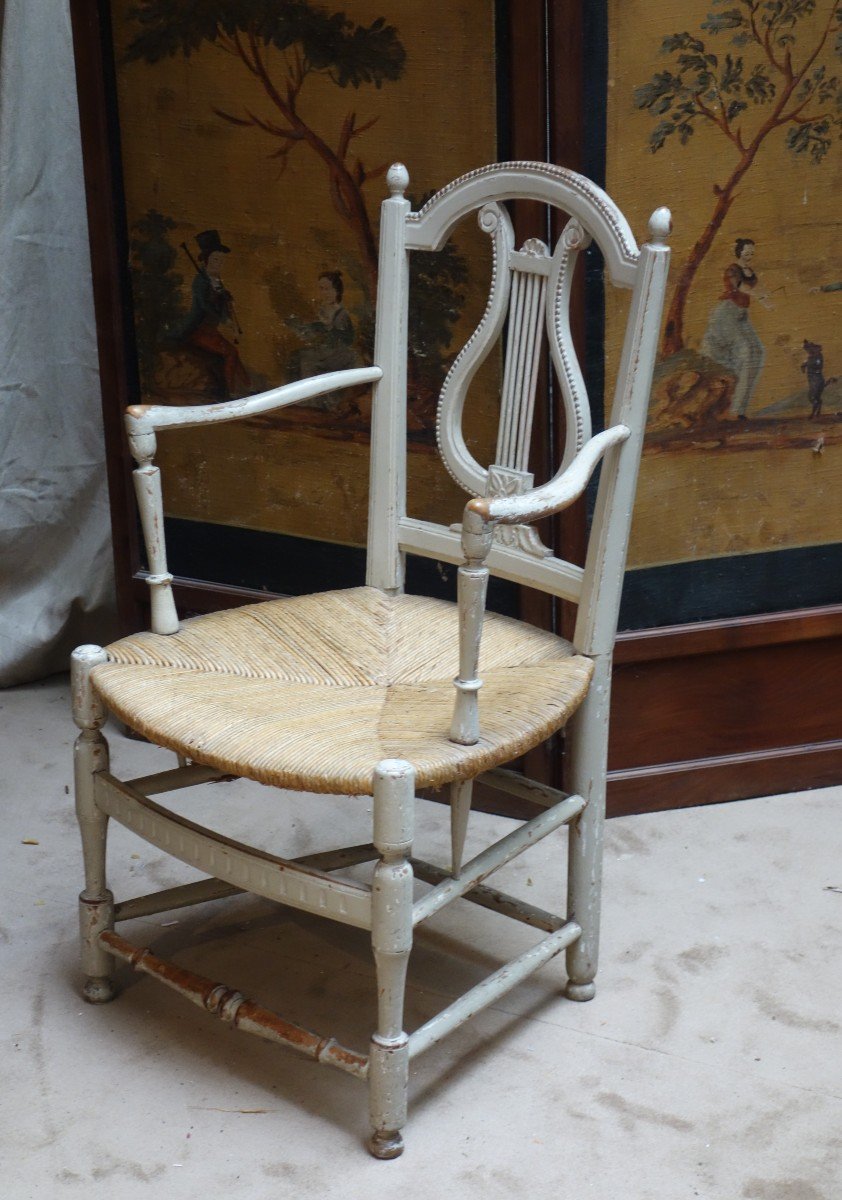 Petit Fauteuil De Coin De Feu Paillé, En Bois Laqué XIXème-photo-2