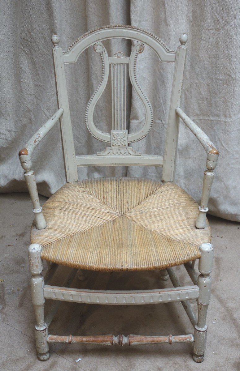 Petit Fauteuil De Coin De Feu Paillé, En Bois Laqué XIXème-photo-2