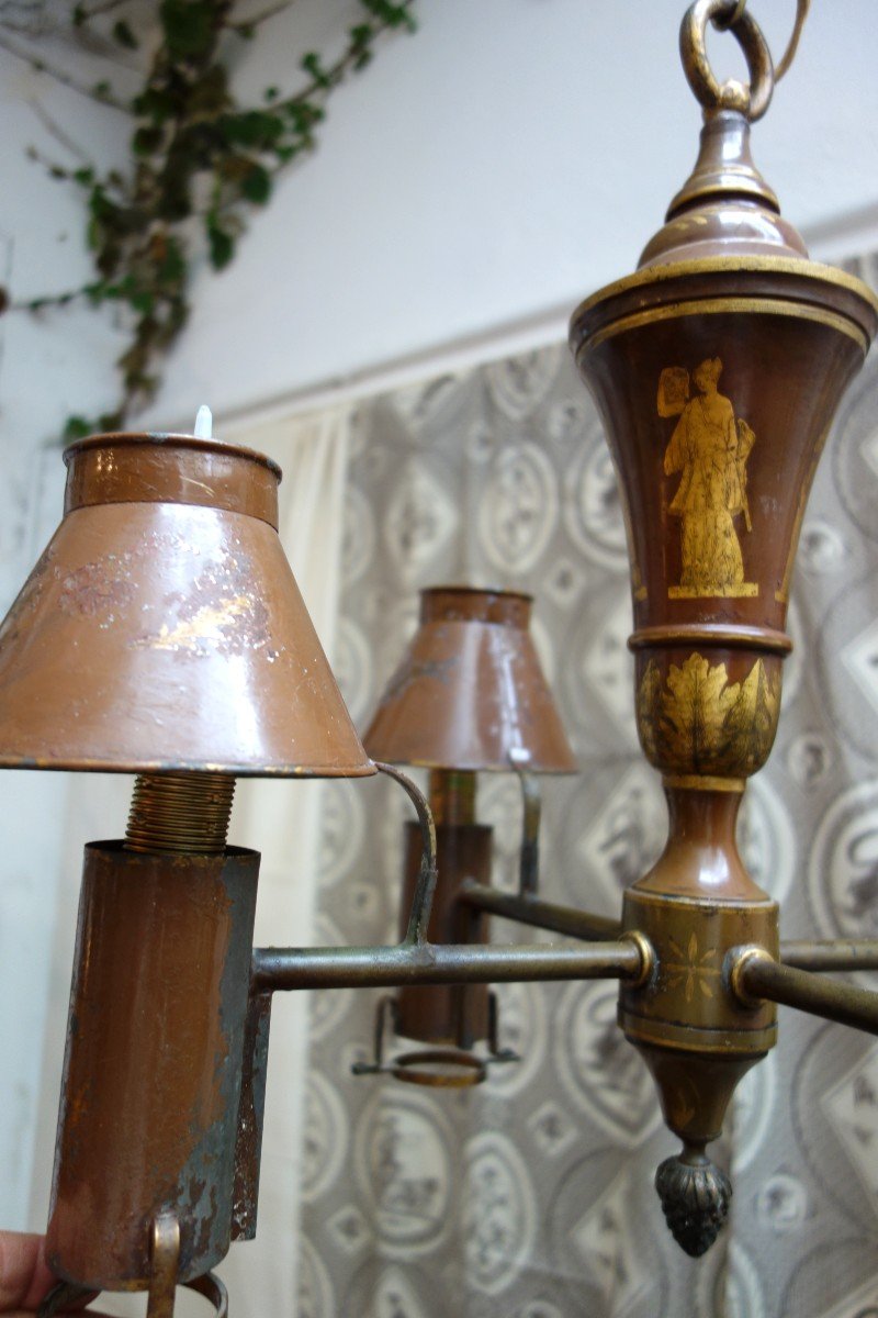  Small Directoire Style Painted Sheet Chandelier, 19th Century-photo-1