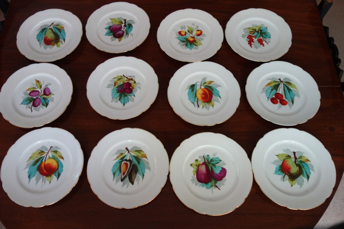 Set Of Twelve Dessert Plates With Fruit Decorations, Late 19th Century