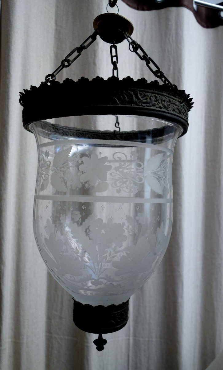 19th Century Engraved Glass Vestibule Lantern