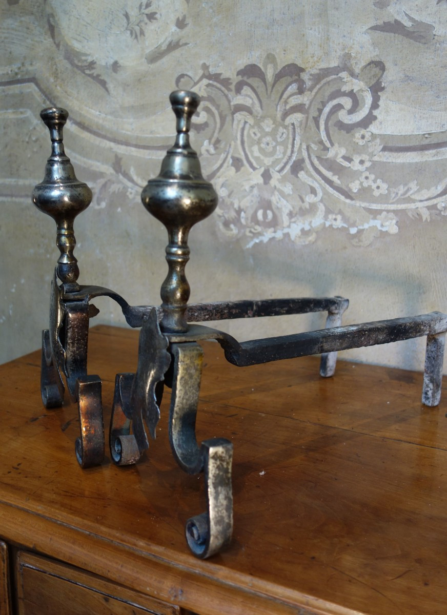 Pair Of 18th Century Wrought Iron And Silver-plated Bronze Andirons-photo-4