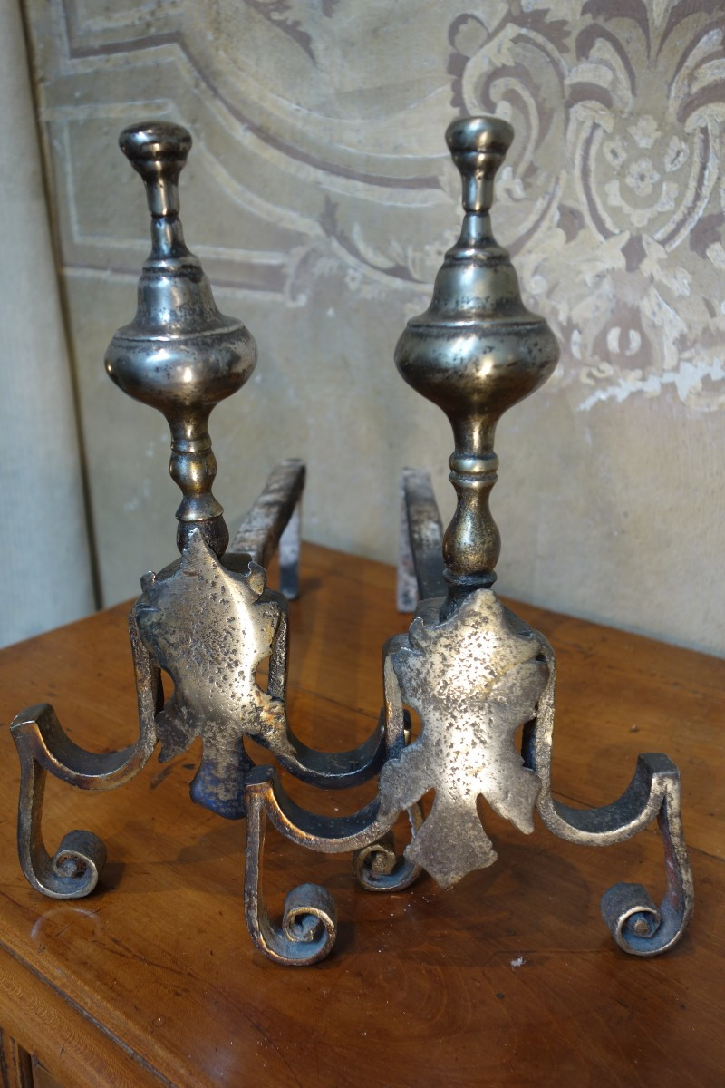 Pair Of 18th Century Wrought Iron And Silver-plated Bronze Andirons-photo-2