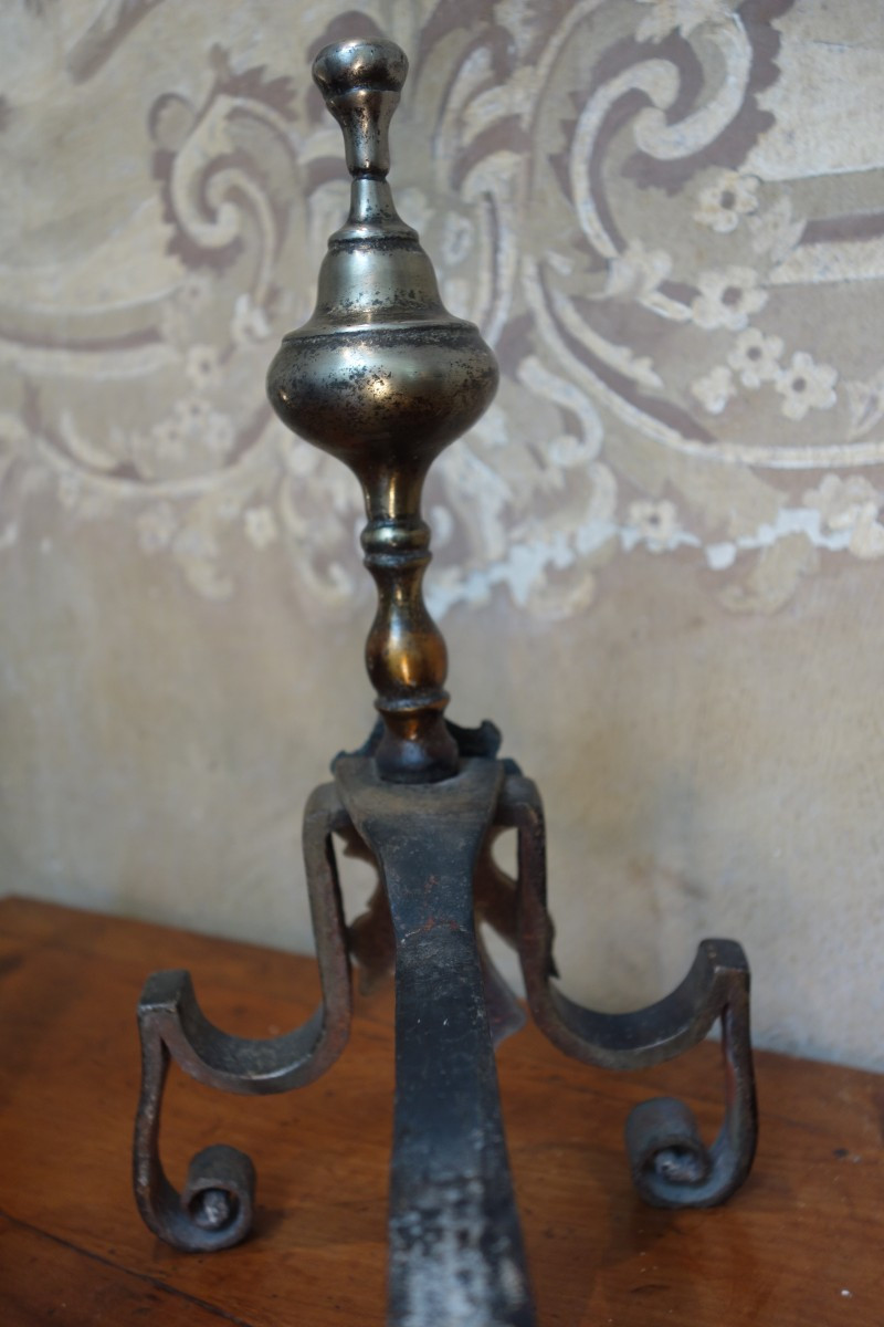 Pair Of 18th Century Wrought Iron And Silver-plated Bronze Andirons-photo-4