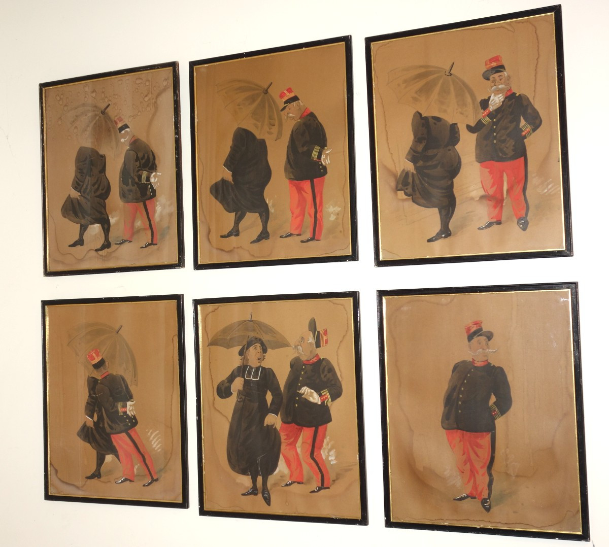 Serie Of Six Humorous Gouaches Of The Late XIXème